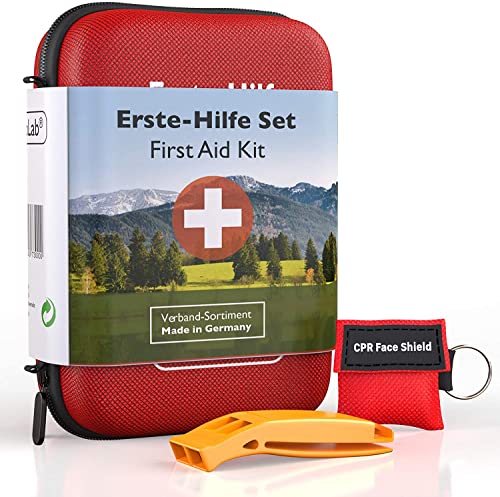 GoLab Erste Hilfe Set Outdoor | Mit Notfallbeatmungsmaske + Signalpfeife + Mundschutz für optimale Erstversorgung | aus Deutschland nach DIN 13167 | Survival Kit | Sport & Reise First Aid Kit  