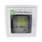 AED Defibrillator SET SMARTY SAVER 2024, vollautom. Auslösung, Umschalter Erwachsene-Kinder, Kombi-Elektroden mit Metall-Wandkasten und AED - Standortwinkel